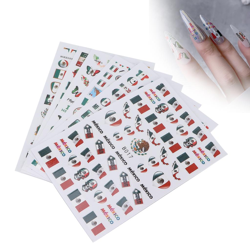 Sada 6 listů Mexická vlajka Samolepky na nehty Salon Samolepicí nálepky na nehty Dekorace