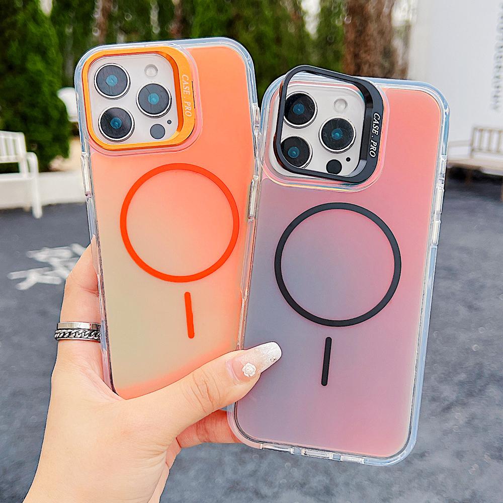KEYSION Colorful Gradient Magnetic Lens Stand Case for iPhone 11 12 13 Pro Max for MagSafe TPU+PC Shockproof Back Cover