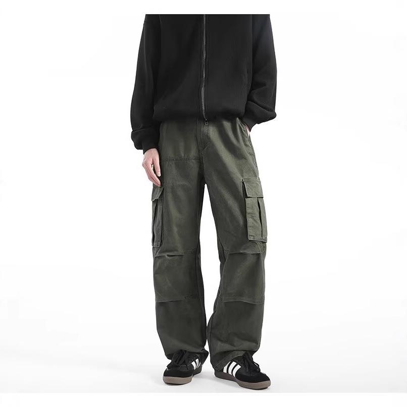 Men's Retro Punk Cargo Pants - Spring/Autumn 2025, Multi-Pocket, Heavyweight, Loose Fit, Straight Leg, Casual.