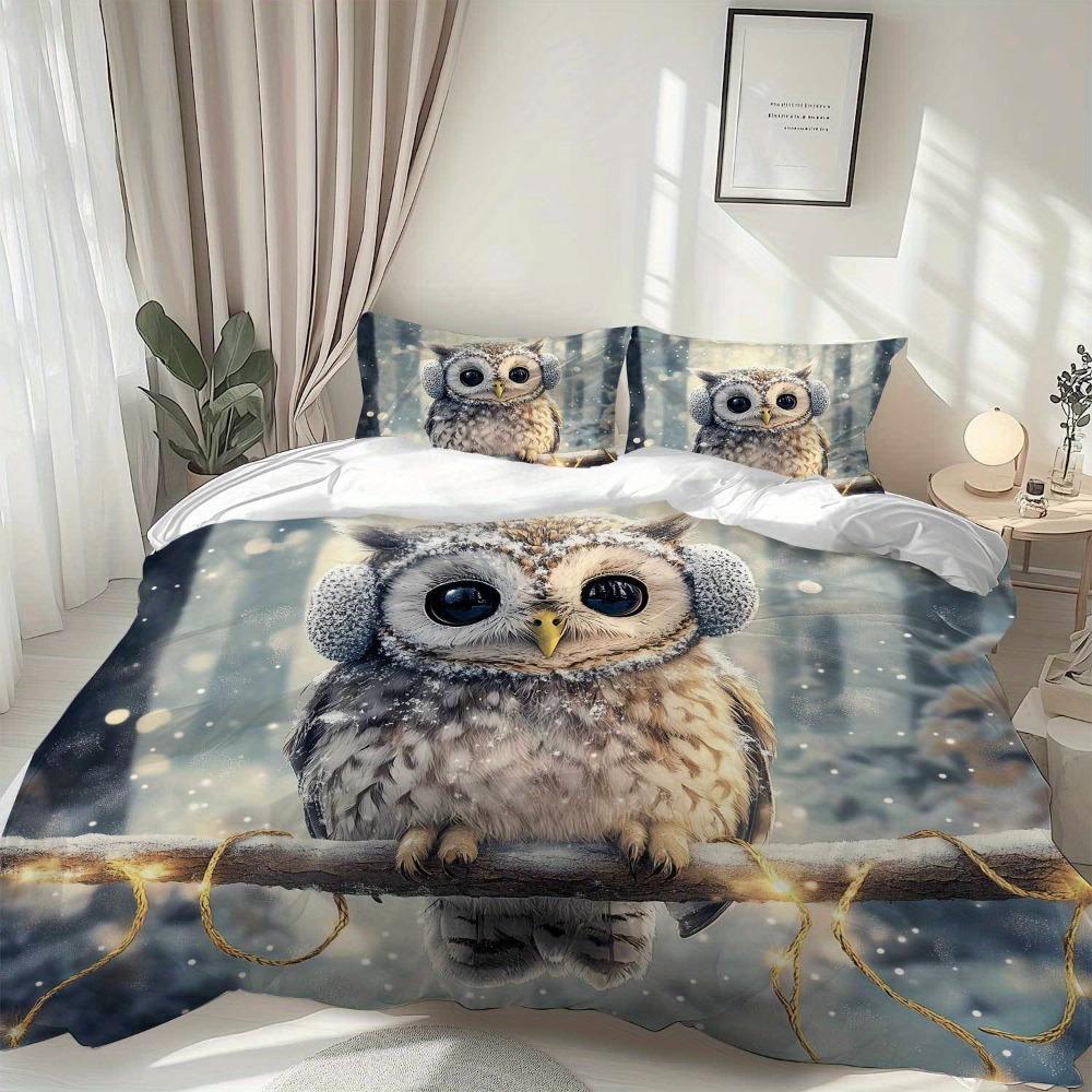 3pcs White Bedding Set Lovely Funny Owl Print Cozy Duvet Cover Set King Queen Twin Single Size Birthday Gift Bedroom Decoration