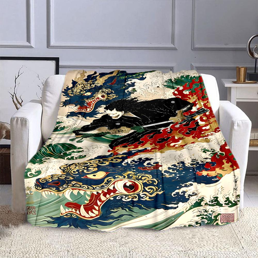 Samurai Battles Dragon in Fiery Waves Patterned flannel blanket perfect for the bedroom living room, sofa, or a little nap