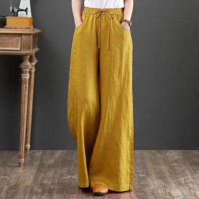 Calças de Linho Femininas de Cintura Alta Wide-Leg, Tamanho Grande, Comprimento Total para Primavera/Verão