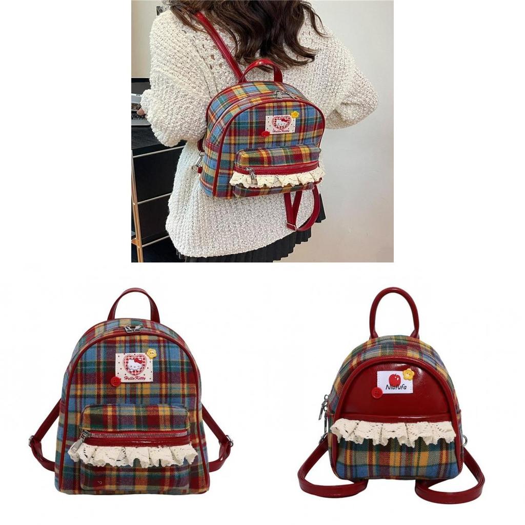 Vintage Red Plaid Kitty Backpack With Lace Detail For Daily Use