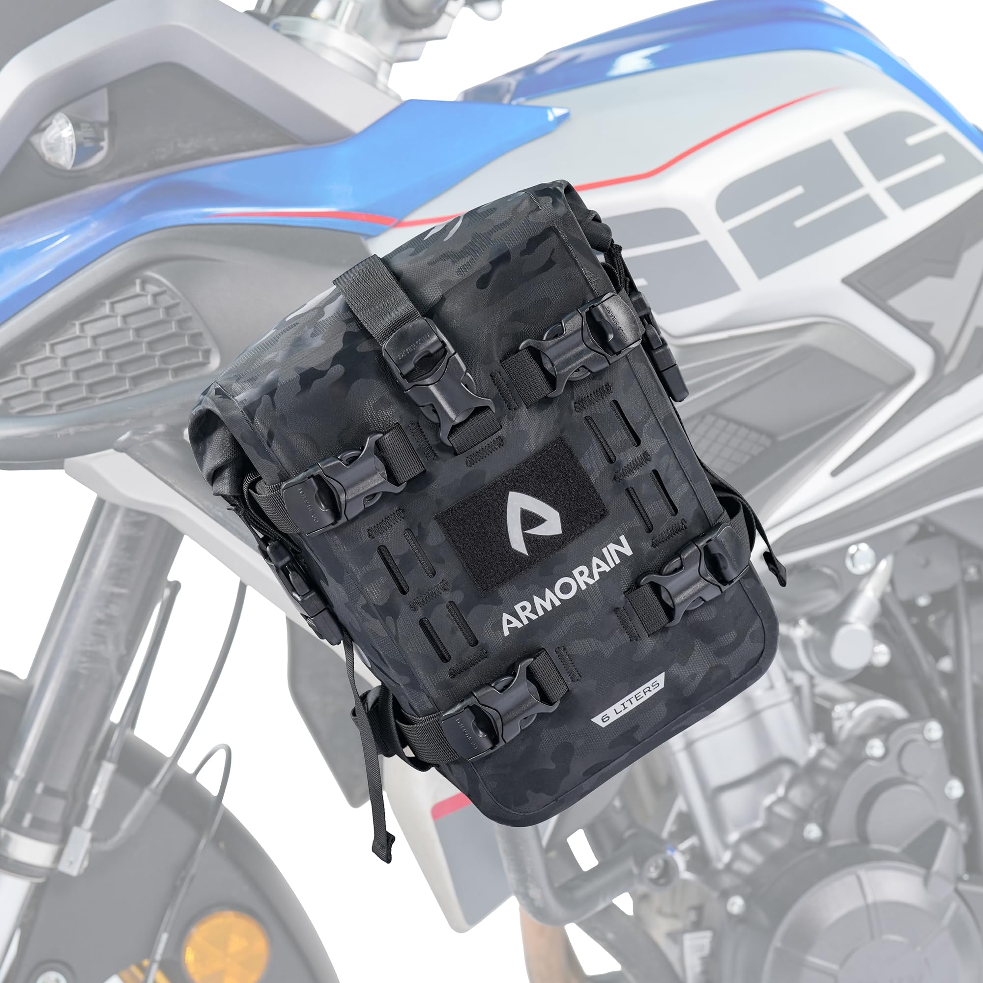 ARMORAIN Motorcycle Crash Bar Bag, Waterproof, 6L/8L Capacity, Bumper Pack, Tail Bag, Universal Motor Kit (6L Black Camo)