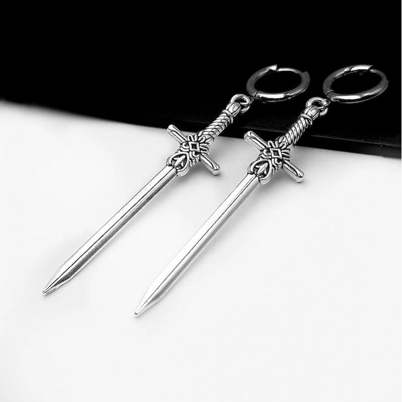 Gothic Punk Silver Sword Pendant Earrings