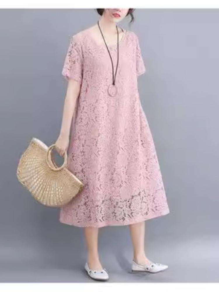 

Elegant V-Neck Lace Dress with Short Sleeves, Knee-Length Flowy Dress for Women, Casual Summer Dress 3XL