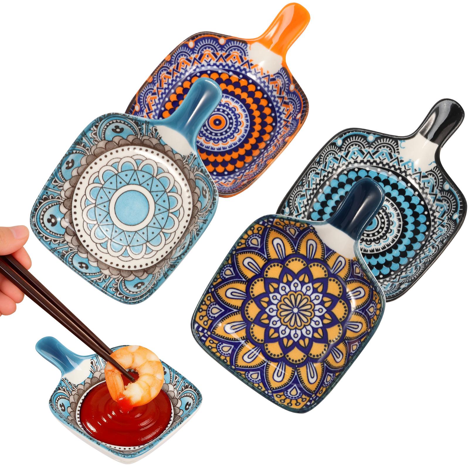 

Ceramic Salad Plate with Handle Serving Plate Set of 4 for Appetizer Cereal Oatmeal Dessert Pasta Dishwasher Safe and Microwave