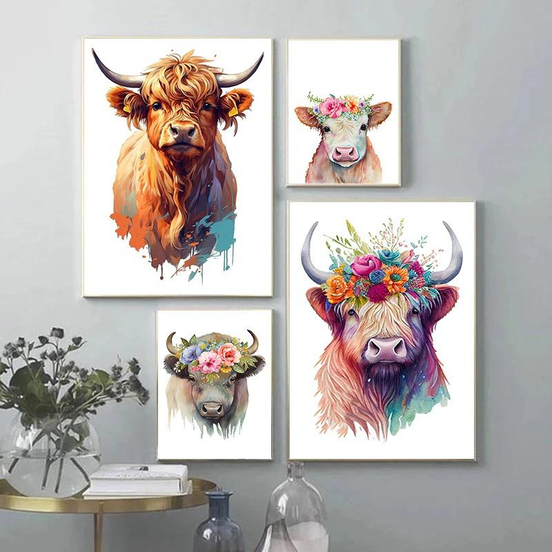 Abstract Cute Higland Cattle Art Canvas Paintings Watercolor Highland Cow Posters and Prints Wall Art Pictures for Home Decor