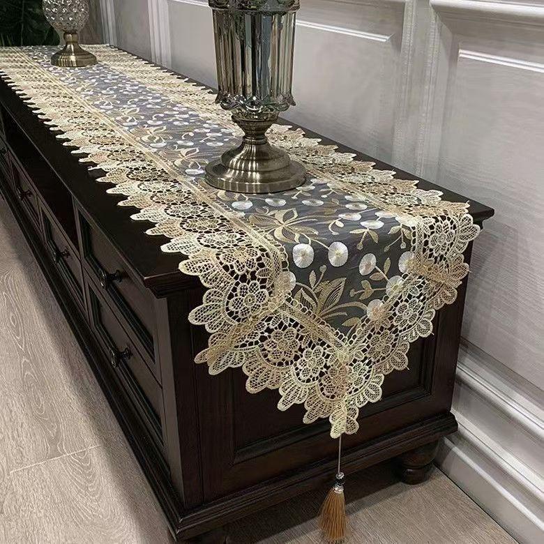 TV-Schrank Spitzentischläufer Stoff Europäischer Stil Couchtisch Tischdecke Leichter Luxus Schminktisch Tischläufer Schuhschrank Langes Staubschutz-Tuch