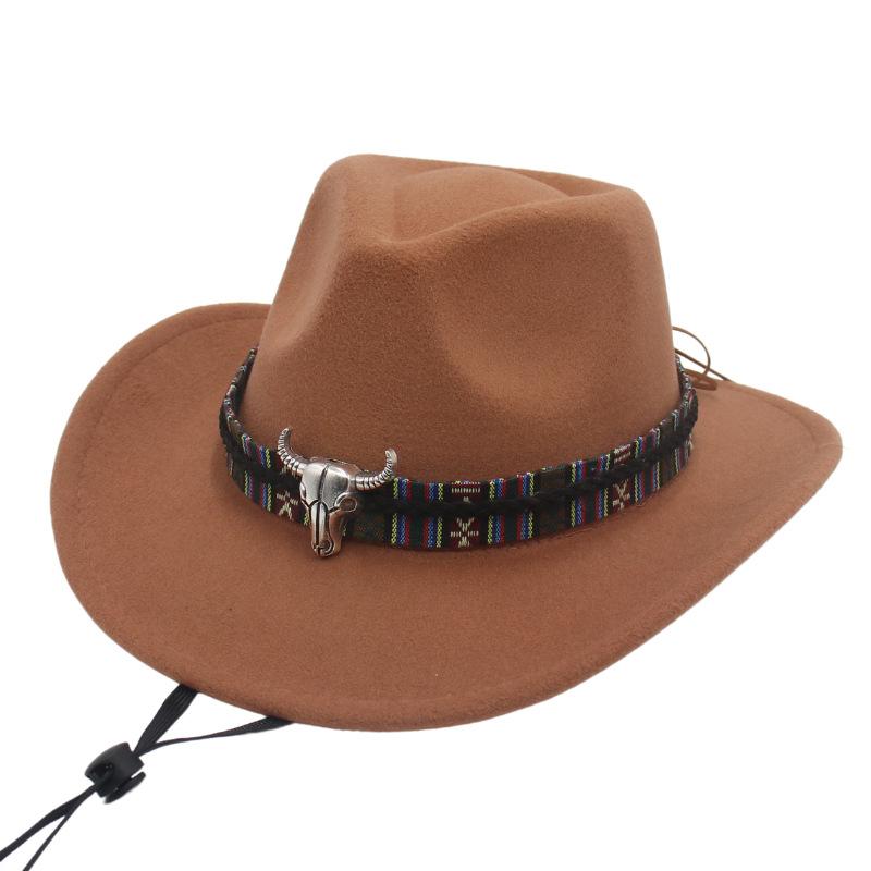 Metal Bull Head Tibetan Ethnic Style Top Hat Windbreak Rope Western Cowboy Jazz Top Hat European And American Felt Hat