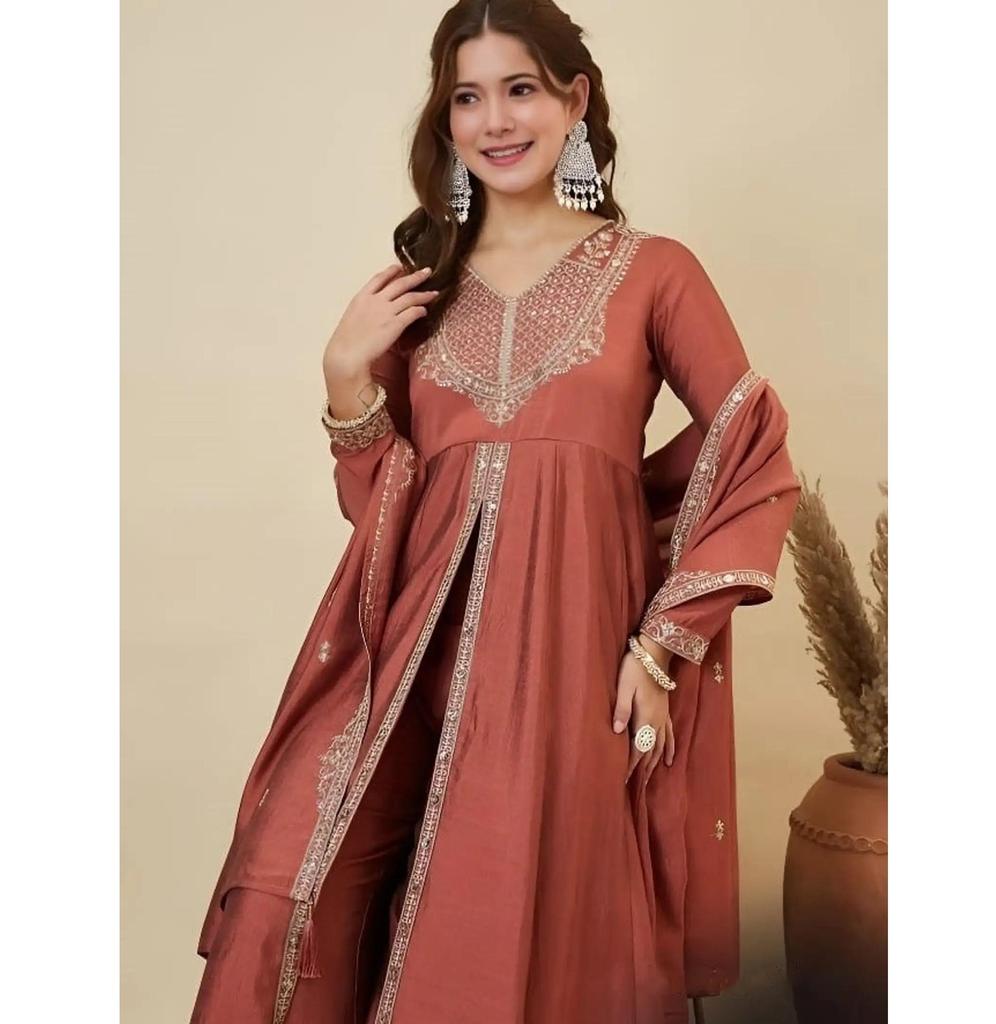 Women Designer Embroidered Anarkali Kurta, Bottom & Dupatta Set