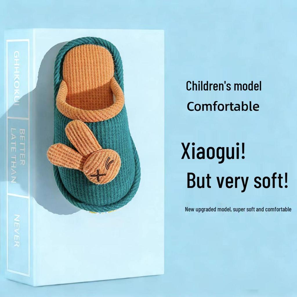 Kids' Radish Rabbit Non-Slip Slippers - Silent Cartoon, Breathable, Linen, Autumn Winter Indoor Shoes for Girls & Parent-Child Matching