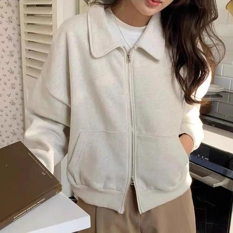 Design Long-sleeved Jacket Autumn Winter American Short Light Gray Top Double Zipper Sweatshirt Cardigan Women's