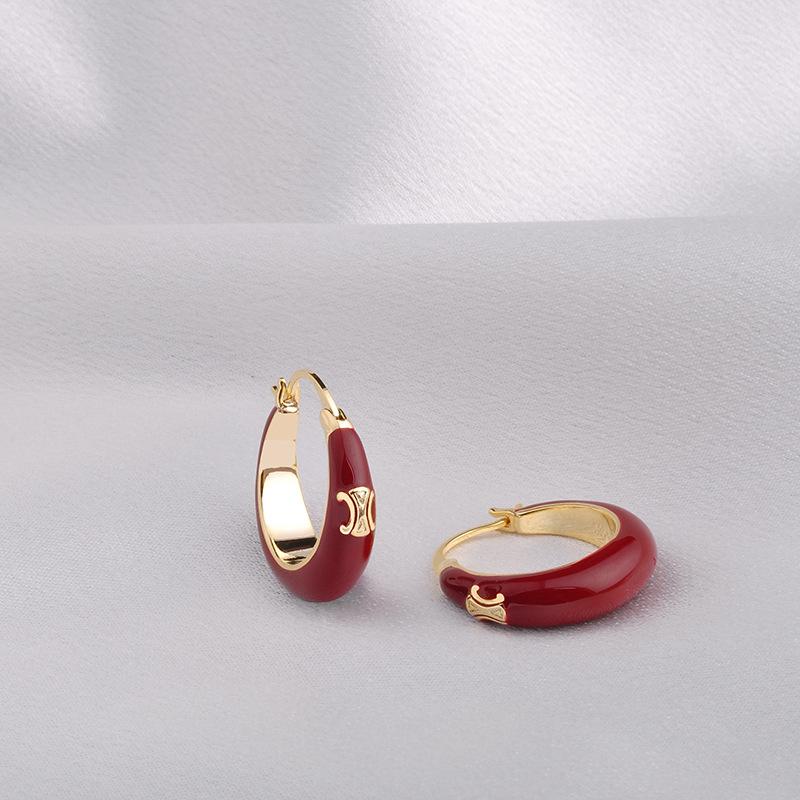 Arc de Triomphe Stud Earrings, Red Enamel Drop, Round Huggie Earrings, Fashion Statement Jewelry