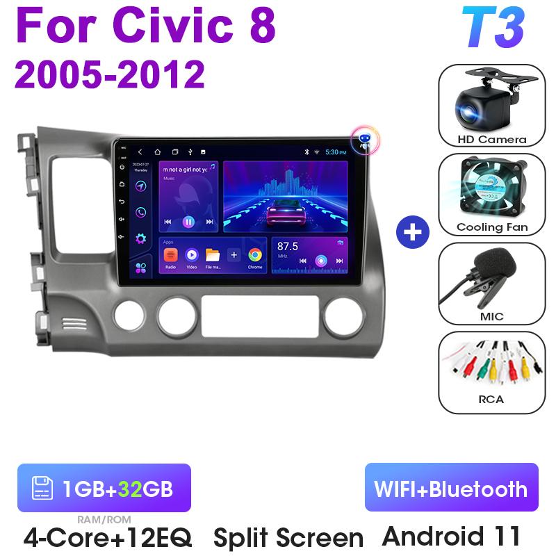 2 Din Android 12 Car Radio For Honda Civic 8 2005 - 2012 Multimedia Video Player GPS Navigation Stereo 4G WIFI Carplay Auto RDS