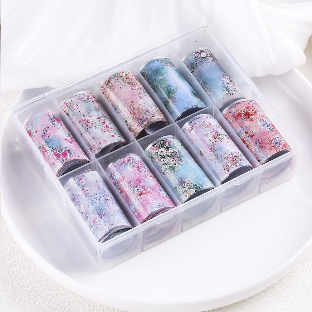 Dreamy Starry Sky Floral Nail Art Transfer Paper Blue Rose Gradient Powder