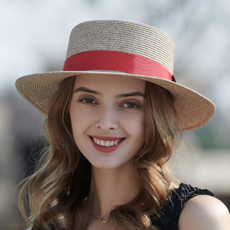 

Spring and summer women s British straw hat seaside vacation simple sun hat fashion straw hat repair simple flat top hat adjustable