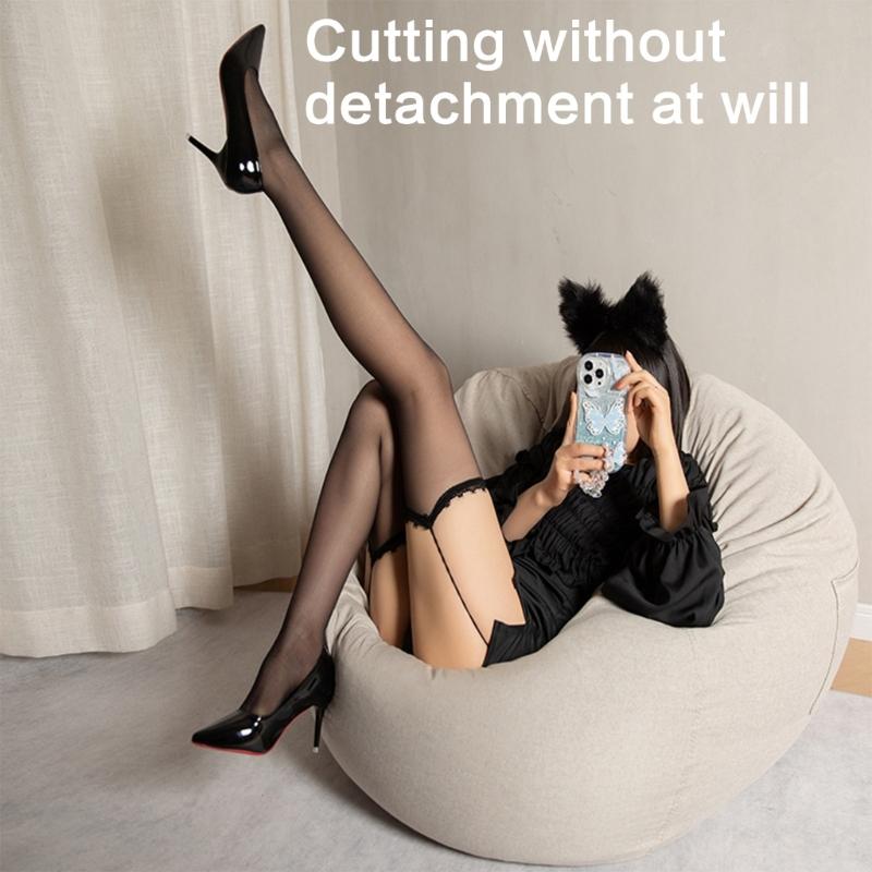 Womens See Through Thigh High Stockings with Garter Belt Sexy Eyelash Lace Trim Sheer Thin Pantyhose Suspender Tights