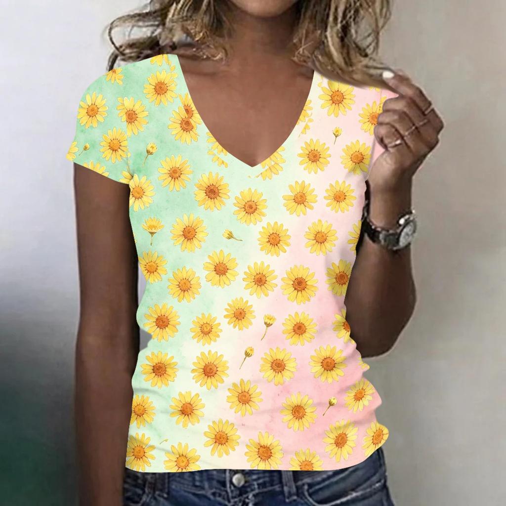 Women V Neck Short Sleeve Floral Print T Shirt Casual Loose Fit Lightweight Comfortable Top for Daily Wear