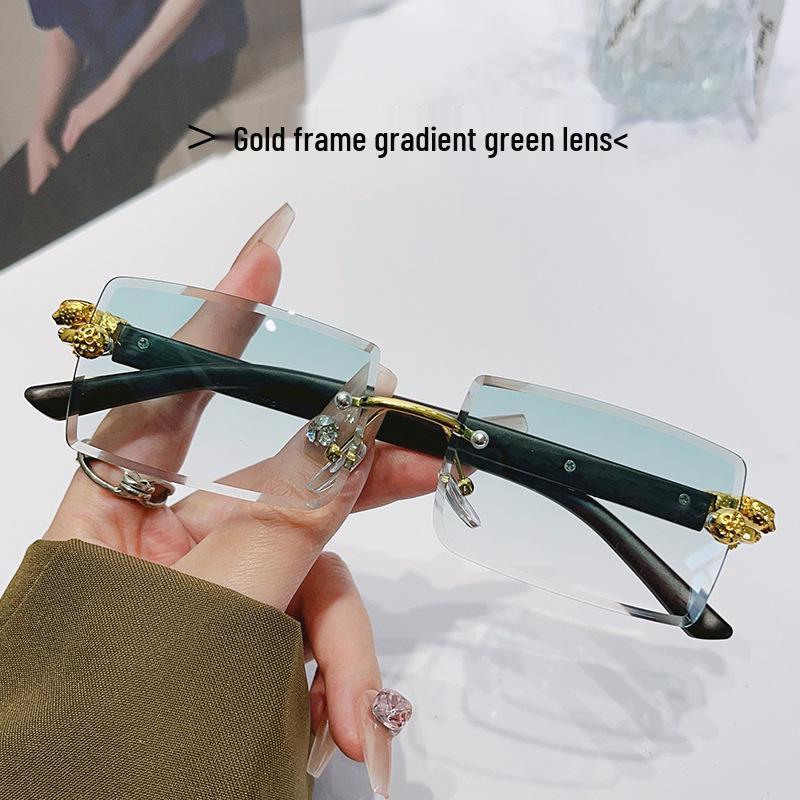 

Мужские и женские ретро безободковые градиентные солнцезащитные очки с леопардовым принтом и дужками под дерево