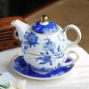Blue and White Porcelain Tea Set with Trim Traditional Chinese Floral Pattern Stackable Teapot Cup Saucer Home Kung Fu Tea Gifts