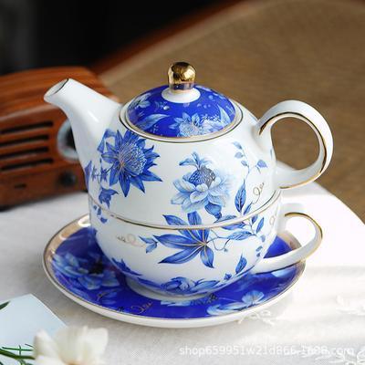 Blue and White Porcelain Tea Set with Trim Traditional Chinese Floral Pattern Stackable Teapot Cup Saucer Home Kung Fu Tea Gifts
