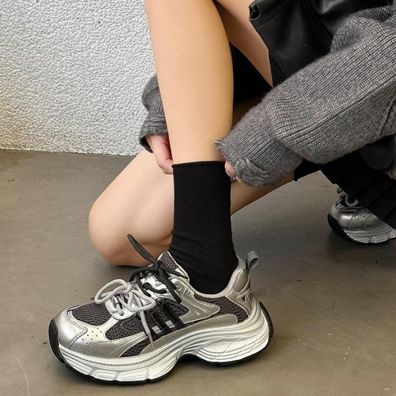 Thick-soled heightening small sports shoes women's spring new leather splicing mesh breathable casual dad shoes