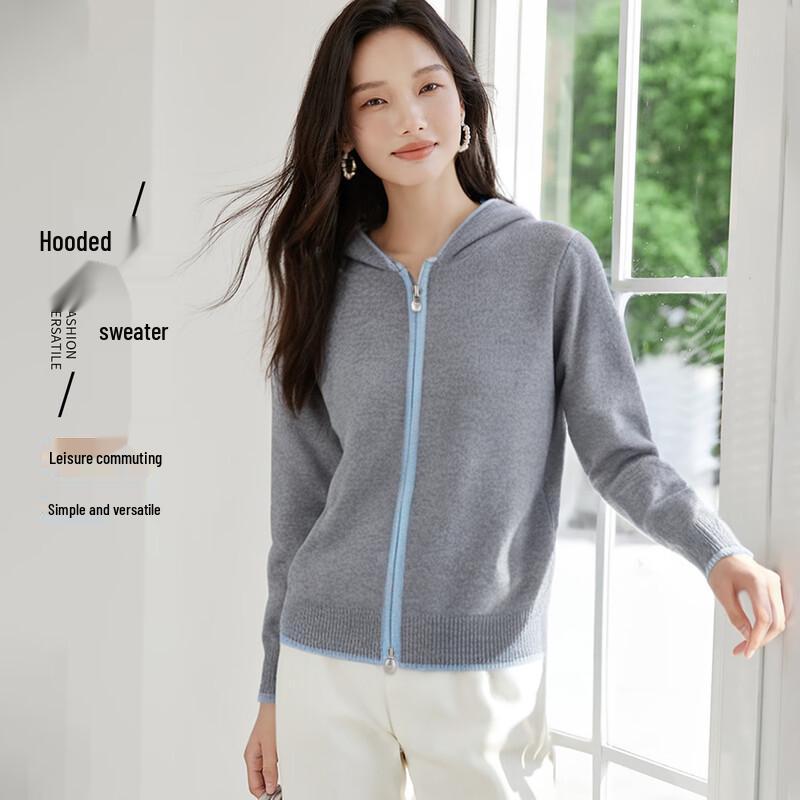 

Женский вязаный кардиган на молнии с капюшоном в стиле колор-блок One Size F