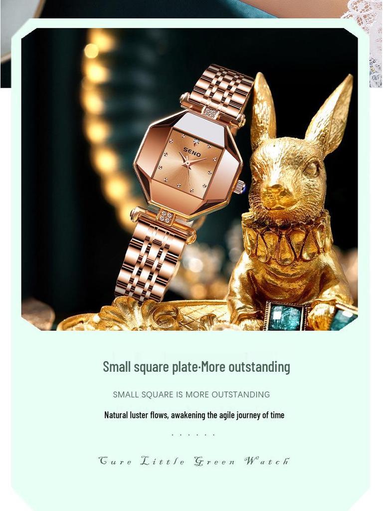 Elegant Women's Steel Band Wristwatch In Pomegranate Red, Champagne Gold & Green