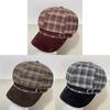 Vintage Brown Plaid Octagonal Hat For Women Winter Warm Fashion Cap