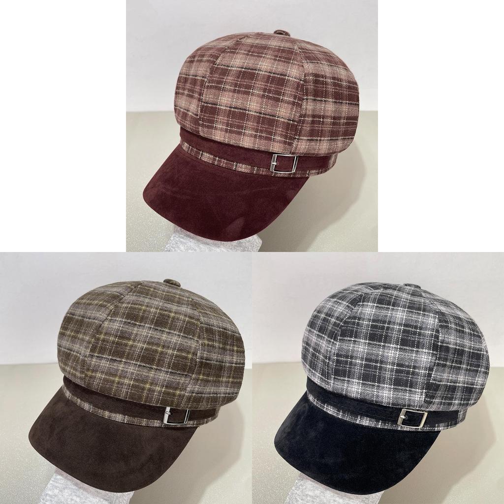 Vintage Brown Plaid Octagonal Hat For Women Winter Warm Fashion Cap
