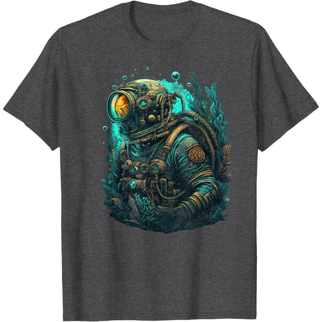 Steampunk Deep Sea Diver Graphic Tee Retro Scuba Suit Print Mens Casual Tshirt