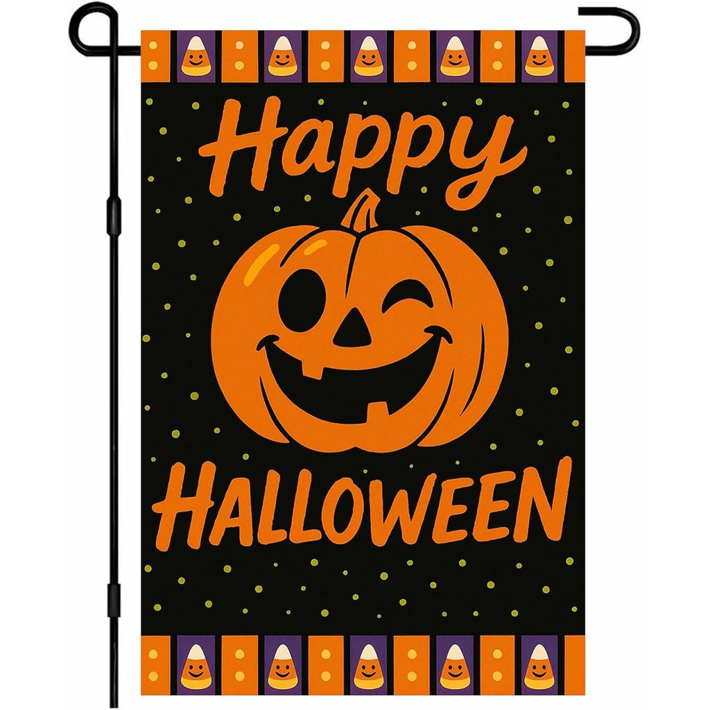 Halloween Garden Flag - Double-Sided Outdoor Yard Decoration with Winking Pumpkin, Candy Corn & "Happy Halloween" Text, Durable Polyester for Seasona
