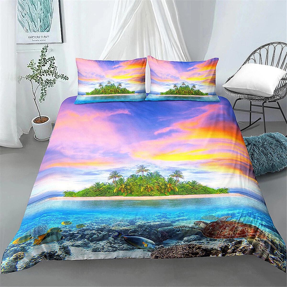 

Beach Ocean Bedding Set Full Size Landscape Duvet Cover Pillowcase 2/3pc Queen Double King Bedroom Home Decoration Gift Baby 100x135cm