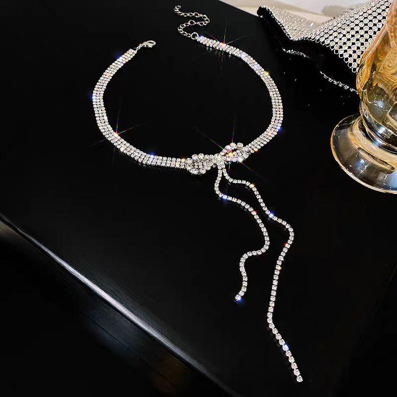 Trendy Summer Bow & Rhinestone Tassel Choker Necklace for Women