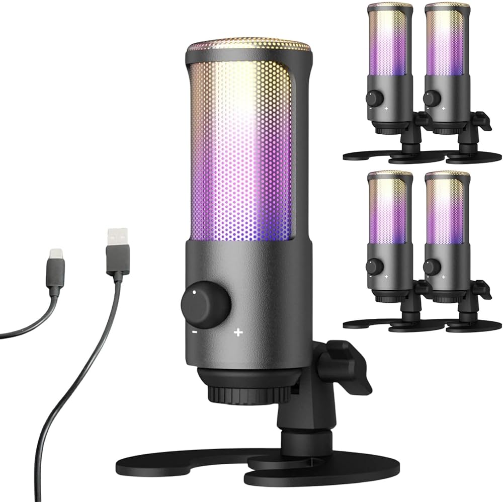 Fujirec USB Condenser Gaming Microphone RGB Cardioid with Volume Knob and Headphone Jack