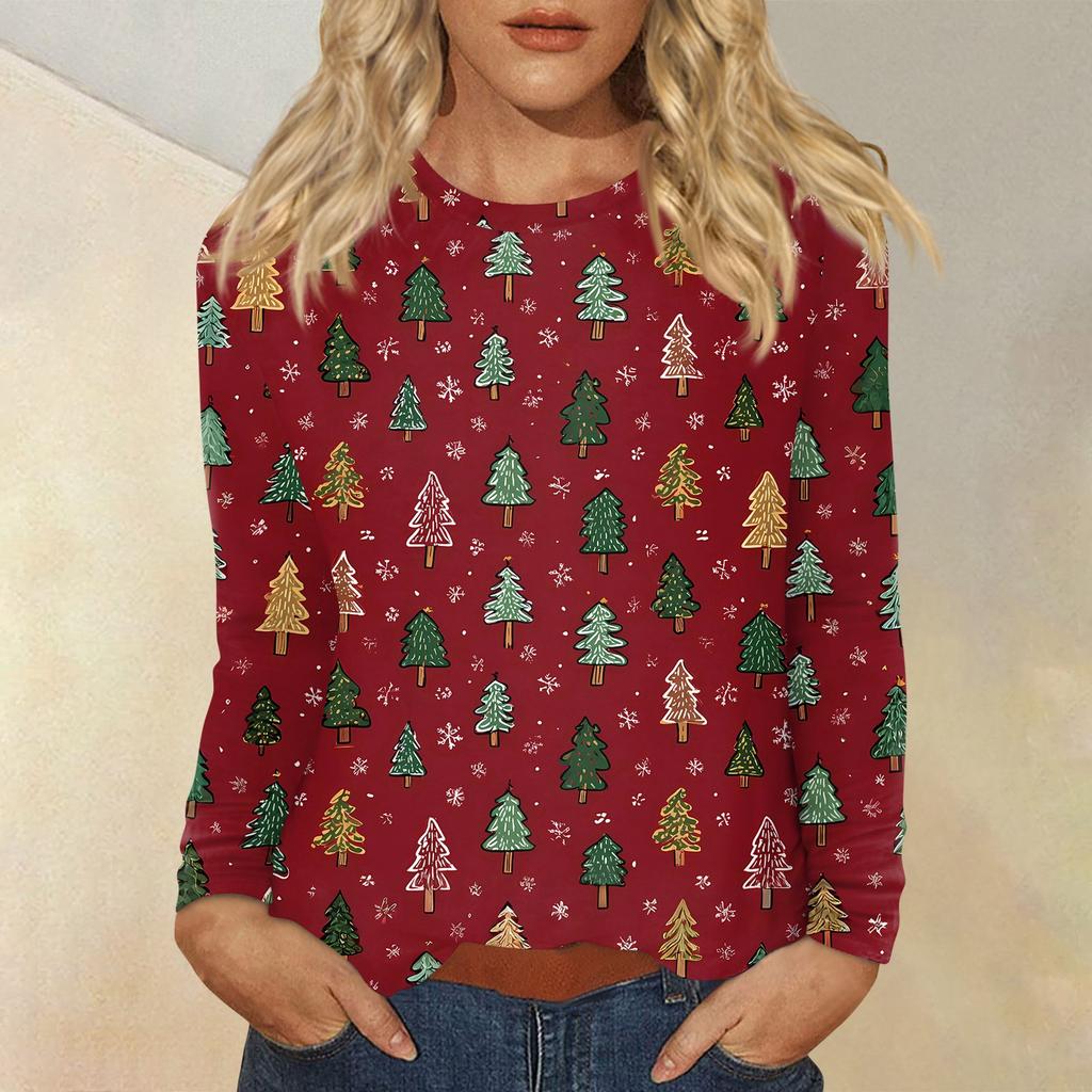 Women's Fashion Casual Christmas Printed Round Neck Long Sleeve Pullover Top
