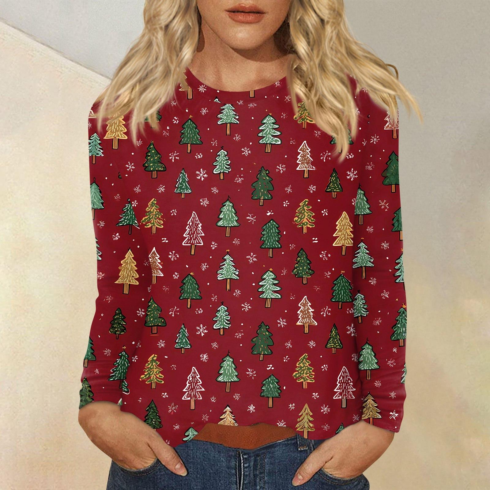 

Женская мода повседневный рождественский принт круглый вырез длинный рукав пуловер топ L