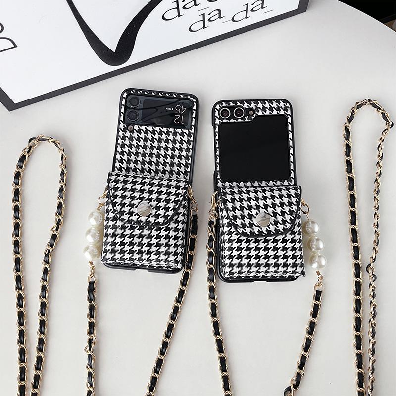 Samsung Zflip7 Black And White Thousand Bird Grid Wallet Mobile Phone Case For 4 Clamshell Folding Screen Messenger Chain Pearl 3