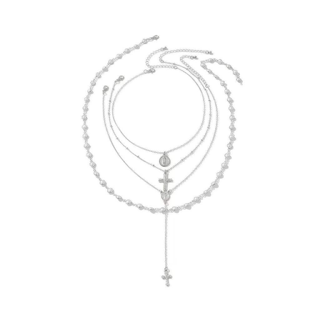 Y2K Retro French Pearl Cross Pendant Layered Necklace for Women