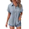 Summer European Style Women Cotton Solid Color Casual Button Blouse