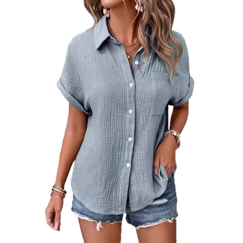 Summer European Style Women Cotton Solid Color Casual Button Blouse