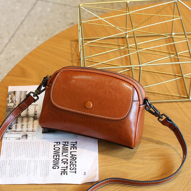 Genuine Leather Shoulder Bag for Women, Top Grain Cowhide Phone Purse, New Mini Crossbody Bag, Soft Oil Wax Texture, Vintage Style