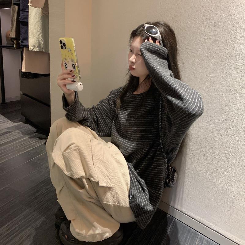 Women's Korean-Style Striped Loose Round Neck Pullover – Autumn/Winter Mid-Length Casual Top