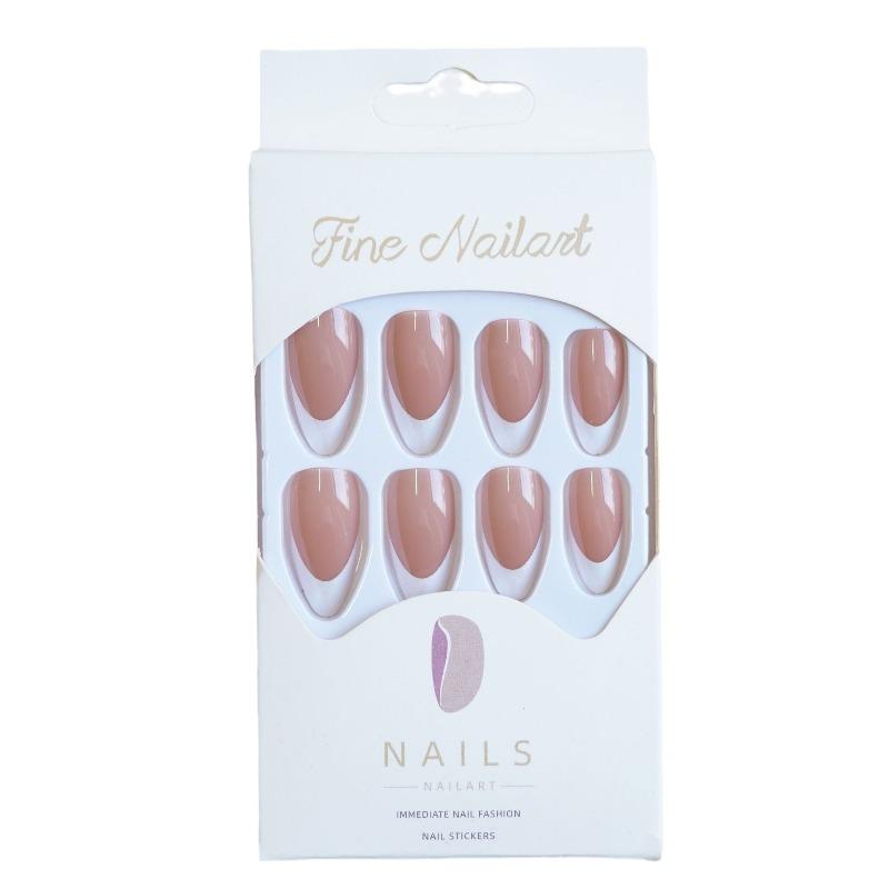 10 Pcs Handmade Minimalist Almond French Press On Nails With White Borders Suitable For All Skin Tones For Women