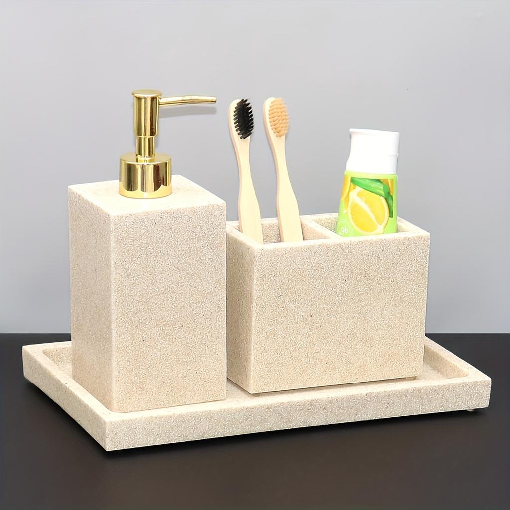 1Set/3pcs Marbled Sandstone Surface Soap Dispenser and Toothbrush Holder Countertop Tray Home Bathroom Apartment Decorative Accessories