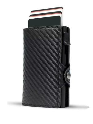 Men's Retro RFID Blocker Wallet: Aluminum & Carbon Fiber Pattern with Side-Push Card Holder and PU Leather Accents.