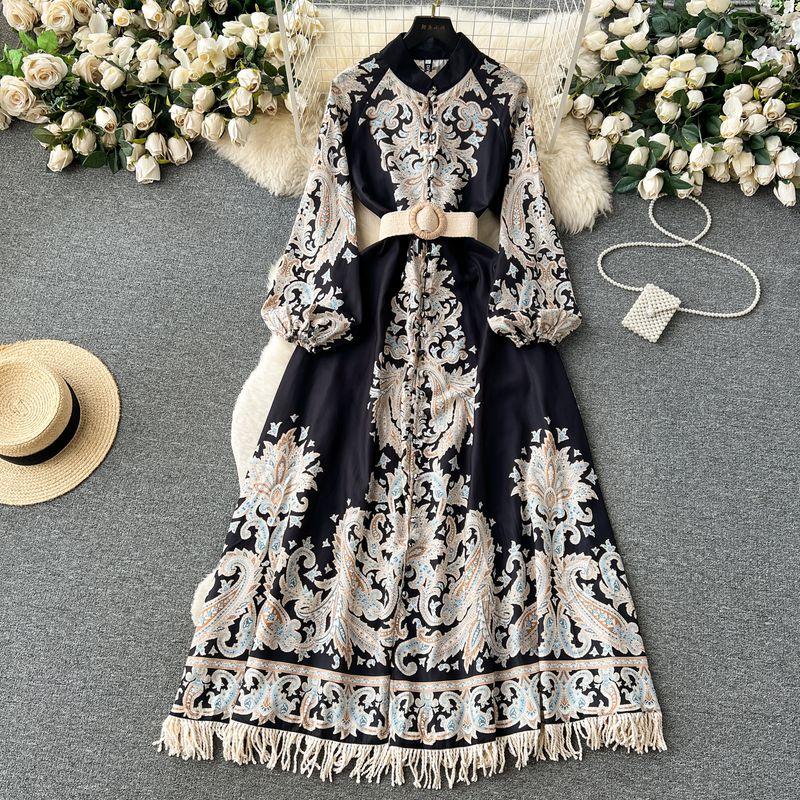 

Palace Style Niche Style Print Long Puff Sleeve Dress Black and White XL