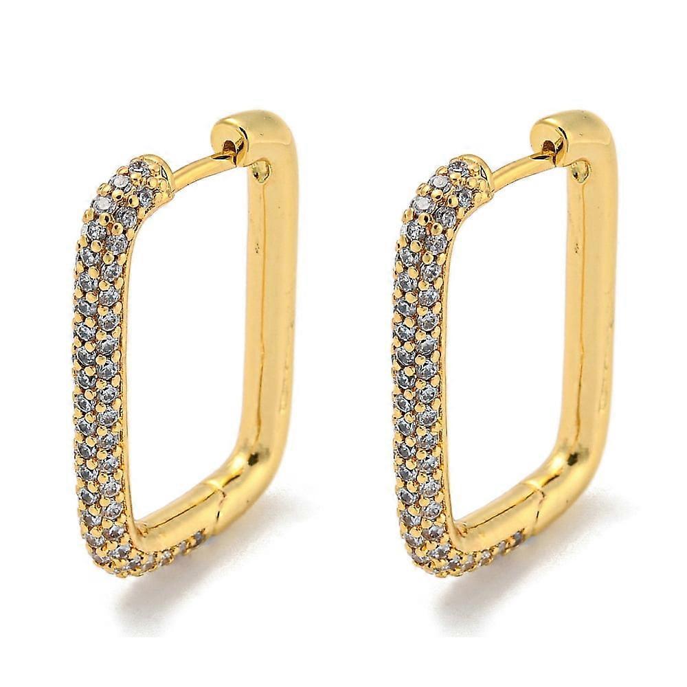2Pair Brass Micro Pave Cubic Zirconia Huggie Hoop Earrings Rectangle Real 18k Gold Plated Clear 29.5x19.5x3.5mm Pin: 1mm