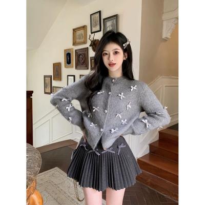 Autumn Grey Knitted Cardigan Sweater with Bows O-Neck Single Breasted Elegant Women Jackets Knit Cropped Coat